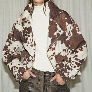 Casual Women's Cow Print Denim Jacket Western Distress contemporary